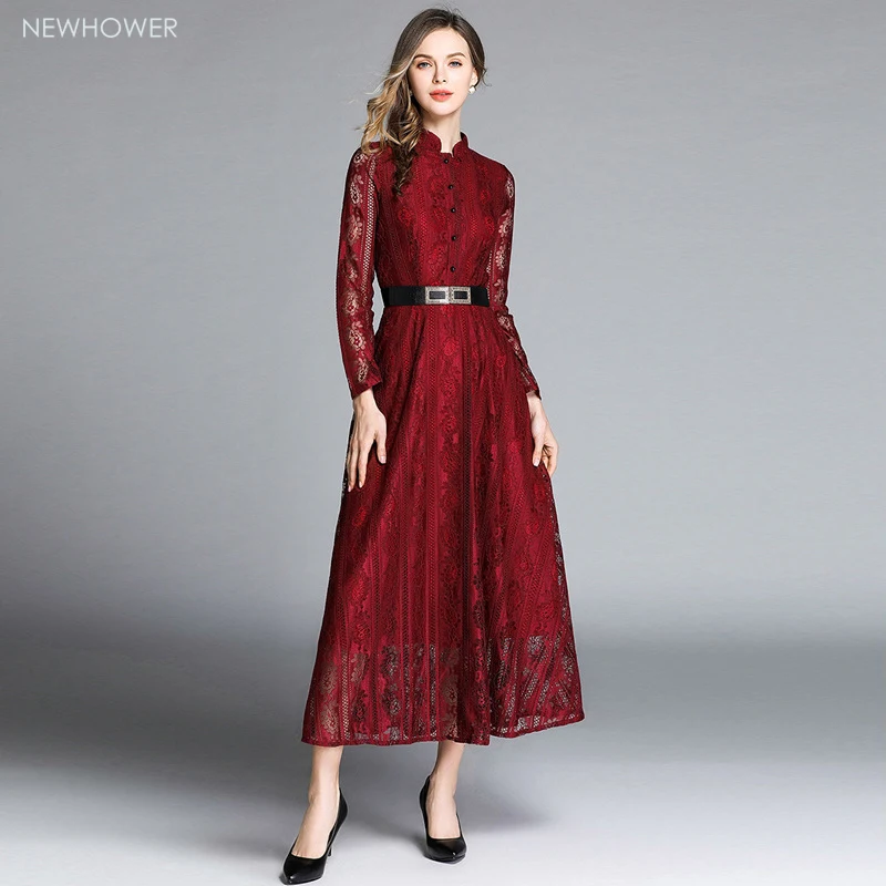 

Europe and American Women's long dress natural elegant spot New style retro jacquard weave large hem lace dress for office lady