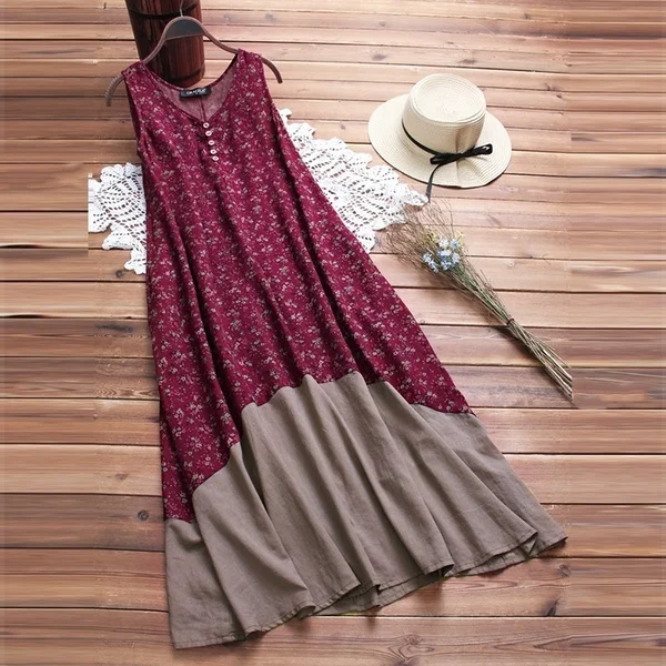 Vintage Boho винтажное женское цветочное лоскутное без рукавов с v-образным вырезом повседневное свободное Летнее Длинное Платье