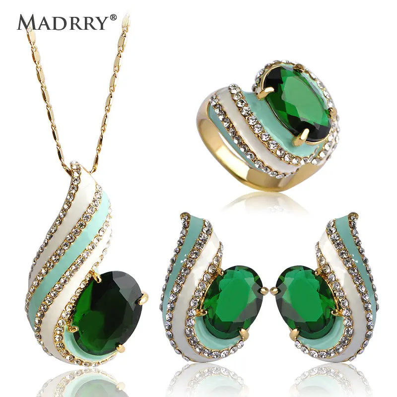 

Madrry Dubai Personality Green Rhinestone Jewelry Sets Enamel Craft Gold Color Metal Punk Style Halloween Party Bijoux Gioielli