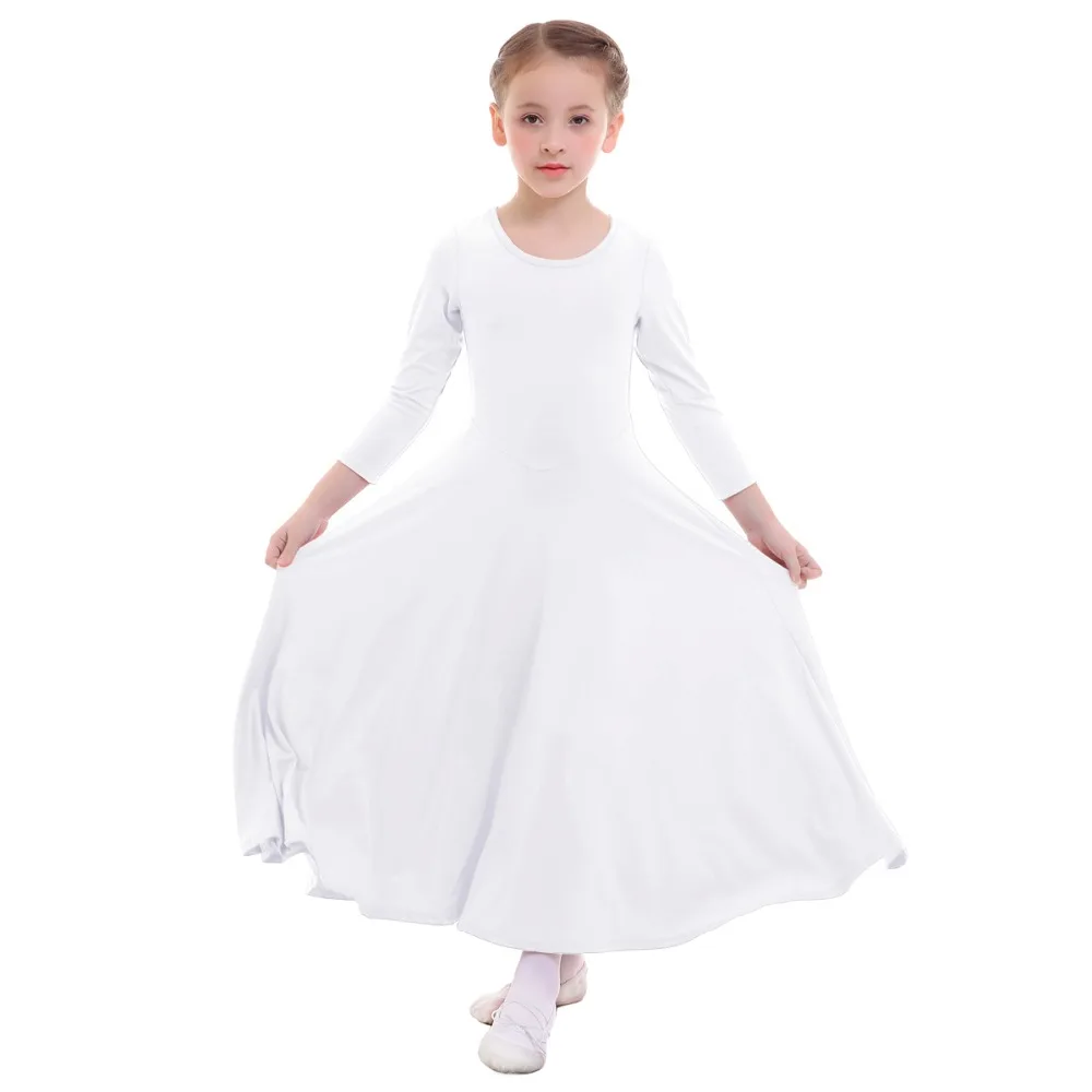 

2019 New Fashion Chiffon Praise Dress for Girls Pleated Long Muslim Dress Long Sleeve White Praise Liturgical Ballet Dance Dress