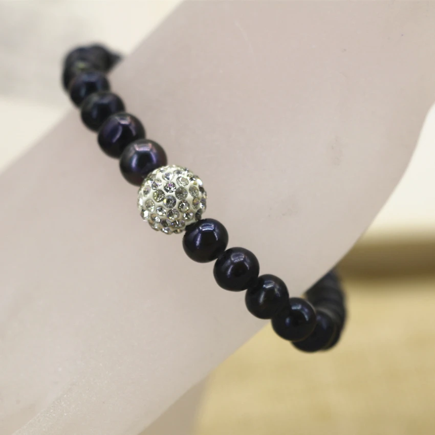 Природный 7-8 мм черный жемчуг Nearround бусы Strand эластичные браслеты и браслет элегантные подарки женщин DIY ювелирных 7.5 дюйма B3125