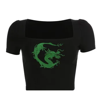 

Casual Short Sleeve Top Women Spring Square Neck Dragon Print Bodycon Top Short Sleeve Crop Tee Tops T-shirt