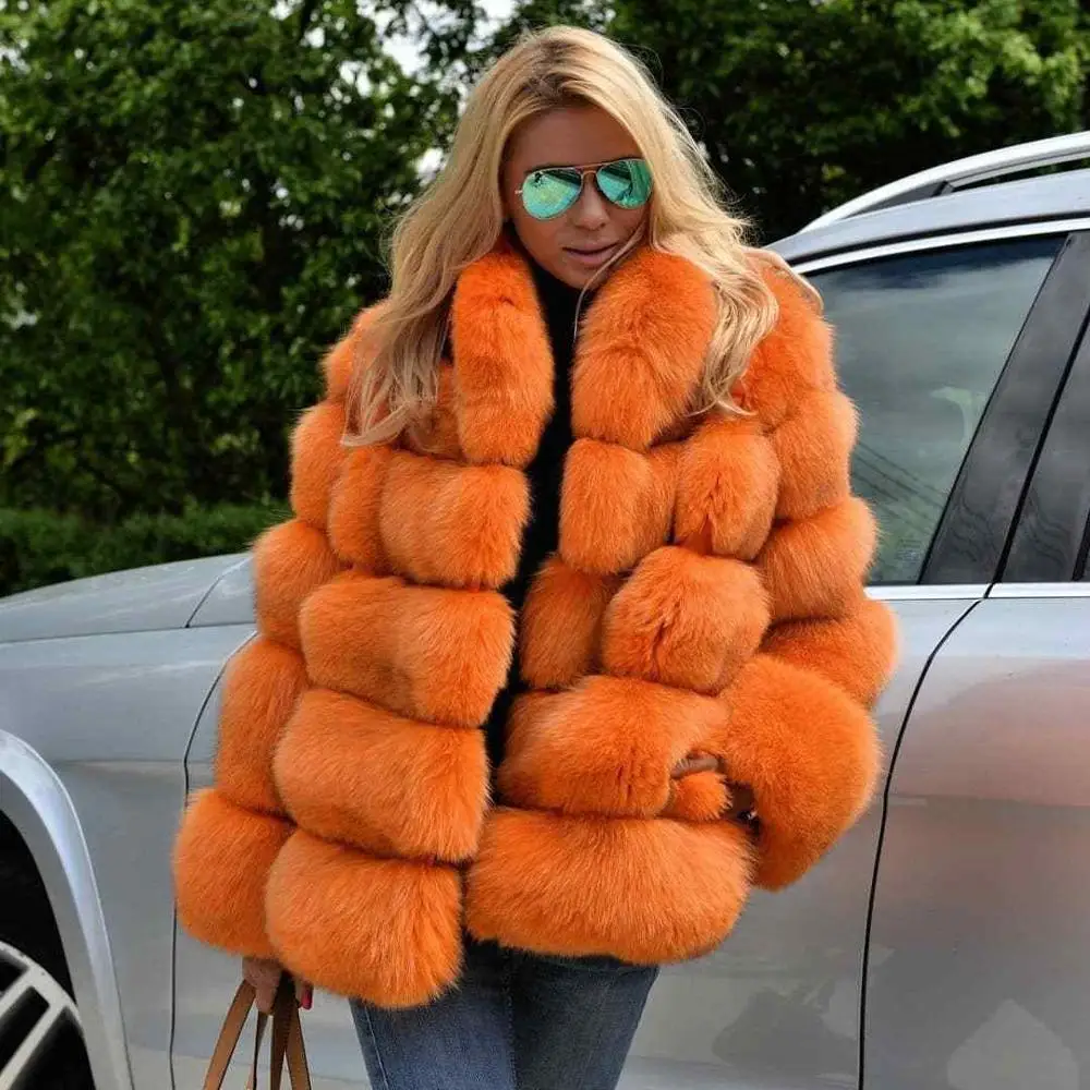 Зимние натуральным лисьим мехом пальто Для женщин теплый натуральный Цвет лиса меховая куртка женская из лисьего меха пальто Костюмы - Цвет: orange