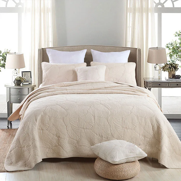  Solid White Beige Green color Soft Cotton Quilted Bedspread Queen size Embroidered Bedspread Quilte
