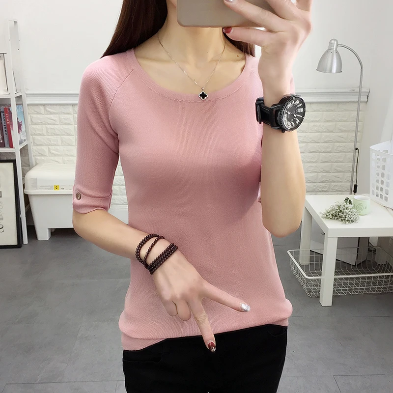 2018 New Women Knitted Pullover Round Neck Solid Half Sleeve Loose Sweater Shirt Female Slim Knit Sweaters Wool Tops Clothing 2018 New Women Knitted Pullover Round Neck Solid Half Sleeve Loose Sweater Shirt Female Slim Knit Sweaters Wool Tops Clothing