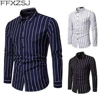 

FFXZSJ Brand Men's casual personality spring and autumn stripe casual long-sleeved shirt Turn-down Collar Single Breasted shirt