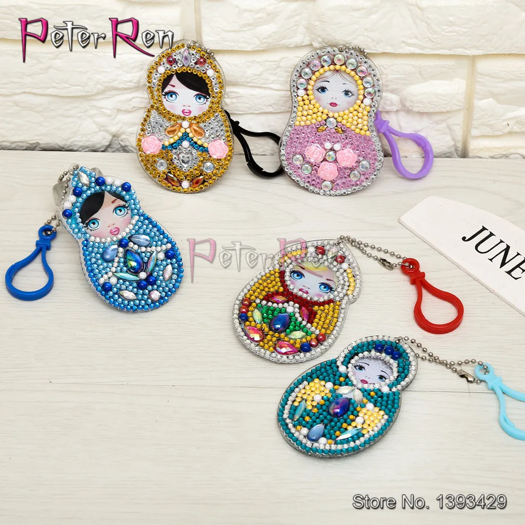 

DIY Full Diamond Painting Keychains Doll Russia Cartoon Cross Stitch Keyring Special Shaped Drill Embroidery Women Bag Key Chain