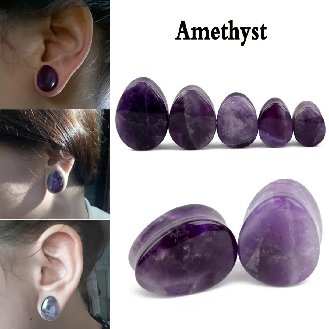 1 Pair Amethyst Natural Stone Teardrop Ear Plugs Tunnel Shellhard Gauges Ear Expanders Stretcher Fashion Body Pircings Jewelry