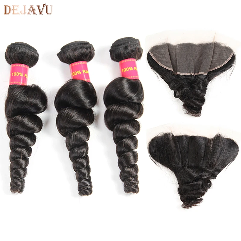 

Brazilian Hair Weave Bundles With Lace Frontal Closure 13*4 Inch Human Hair 3 Bundle Deals Loose Wave Non Remy hair Extensions