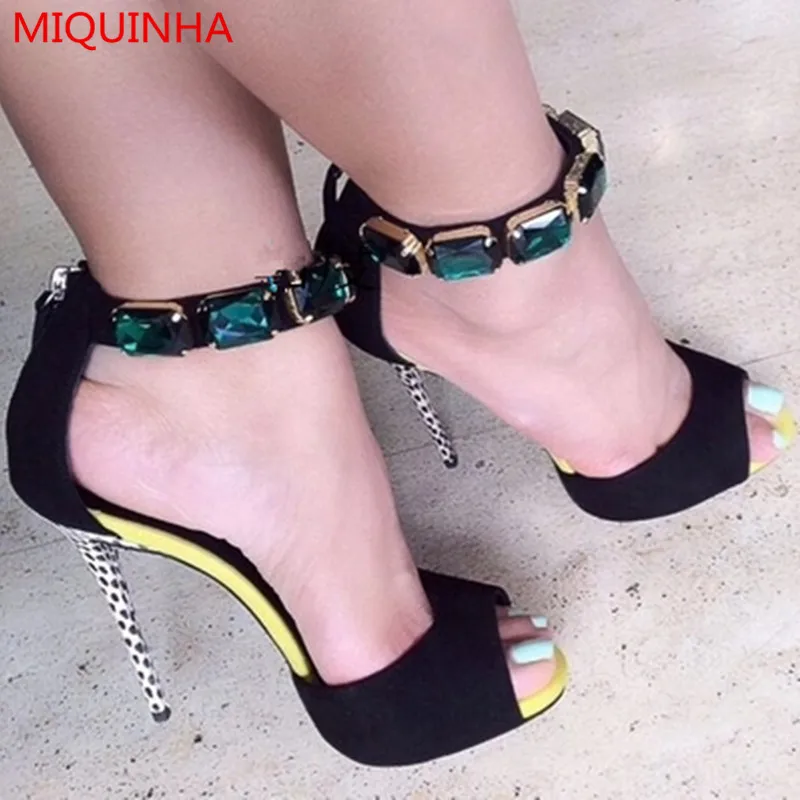 Hot Sale Sexy Ankle Wrap green jewel Sandals Open-toe Summer Shoes Woman Fashion Buckle Strap High Heel Gladiator Sandals Women