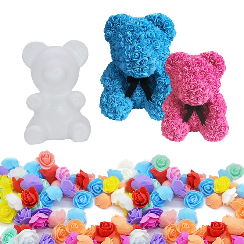 

15/20cm Foam Rose Bear Mold Artificial Flower Heads DIY Teddi Bear Wedding Decoration for Women Girls Valentines Gift Crafts