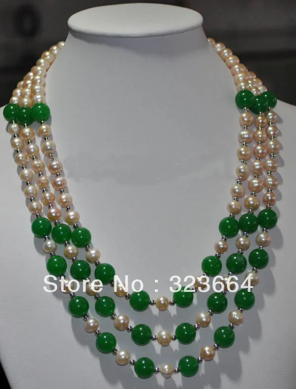 

Hot Sell! 17-20" 7-10mm 3rows green & Freshwater Pearl Necklace