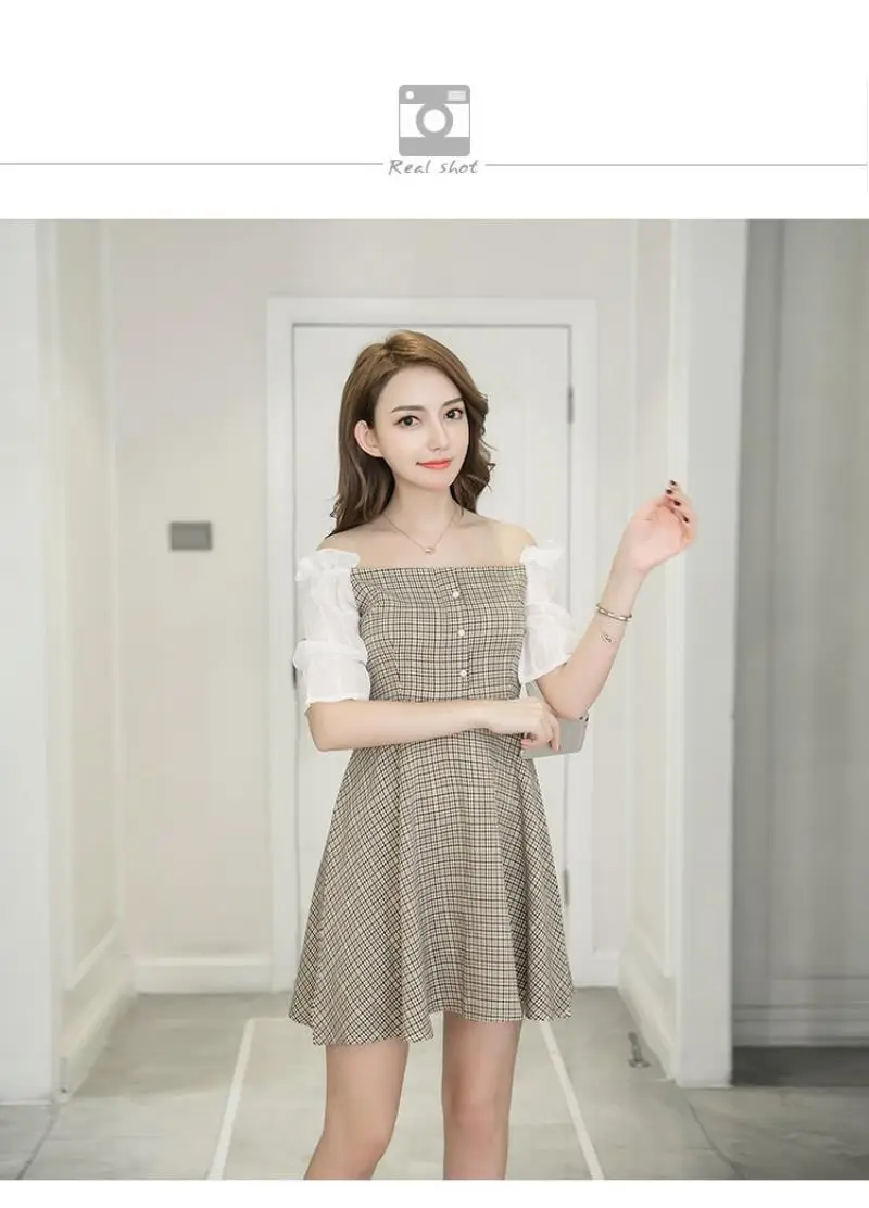 2018 Summer New Women Fresh Lattice Feifei Sleeve Dress Short Fund Leisure Time Vest Fashion A-line Dress