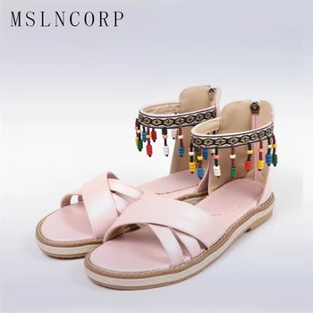

Size 34-43 women Fashion Gladiator shoes Summer Women Shoes Comfort Sandals Tassel Beading Sandals woman Beach Shoe Flat Sandals