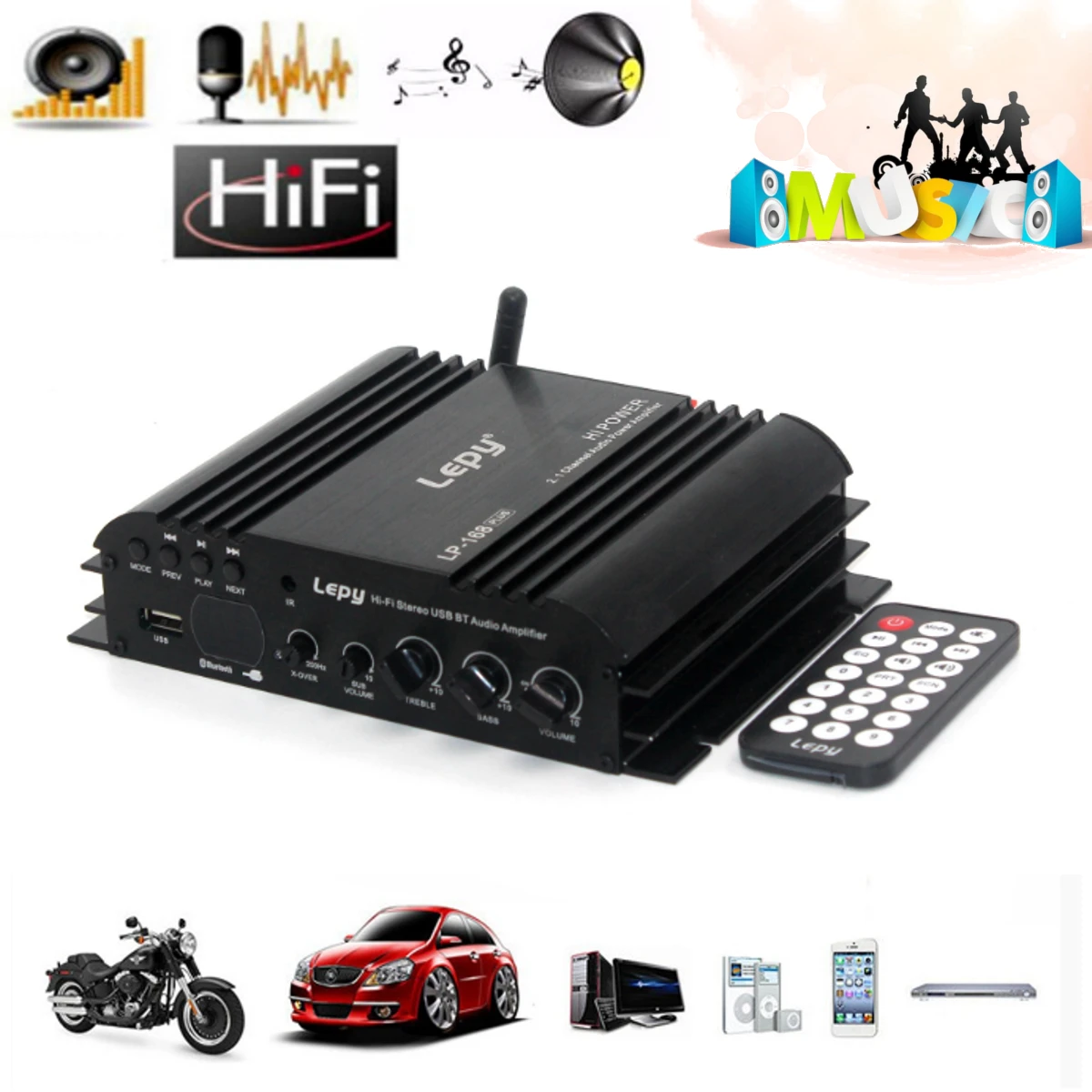 Lepy 500 50W 12V Mini Digital Amplifier FM Bass Booster For Car Home MP3 AMP Player