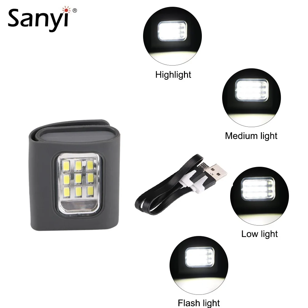 

Sanyi 9 LED Safety Running Flashlight 4 Modes USB Rechargeable Hat Head Light Warning Lamp Torch Lantern With Silicone Cover