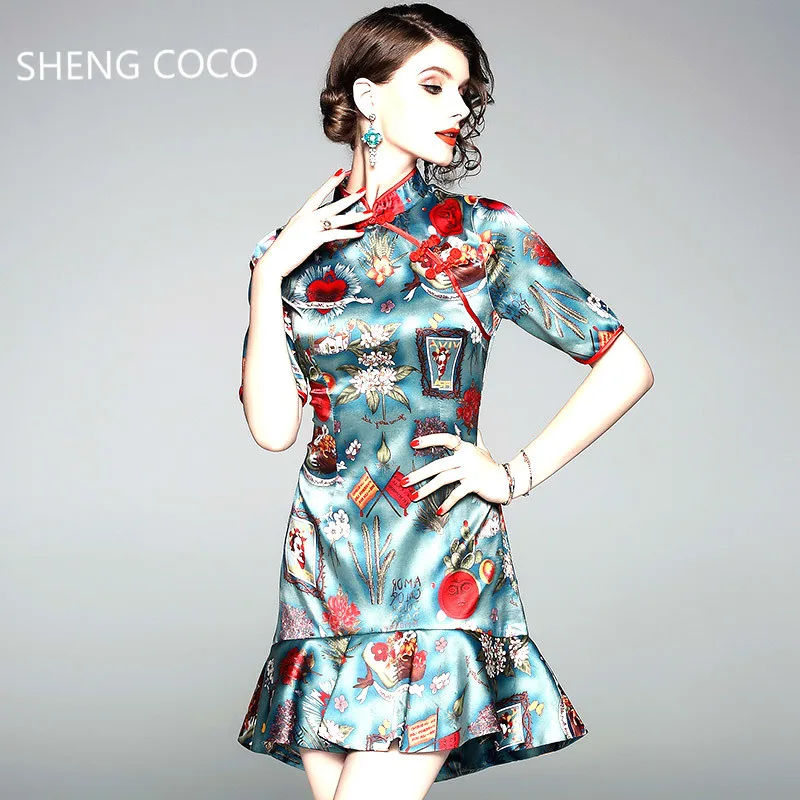 Sheng Coco Short Printing Cheongsam Dresses Plus Size 2xl