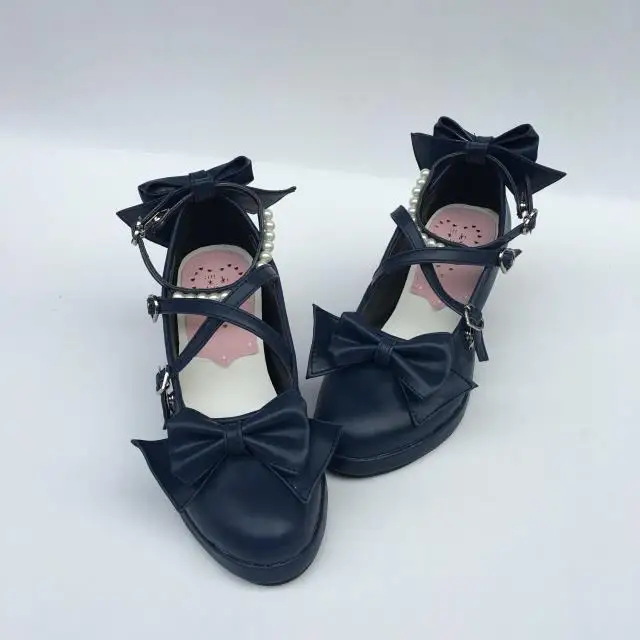 Womens-Shiny-Black-Silver-Sequin-Pumps-Bow-Strap-Cross-Pearl-Ankle-Strap-Princess-Lolita-Shoes-Custom-Tailor-Available- 37