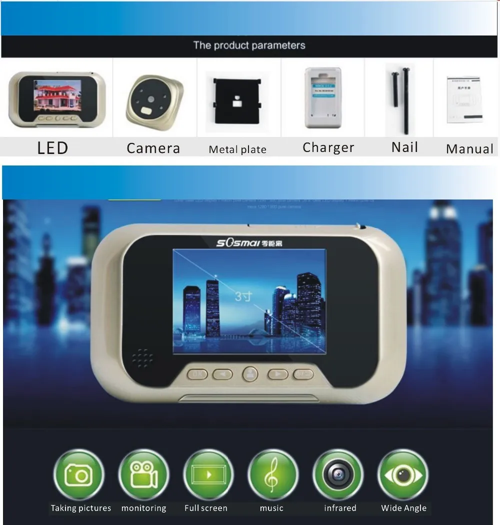DIY 8G памяти " TFT светодиодный аудио домофон дверной звонок/цифровой дверной зритель/видео глазок камера