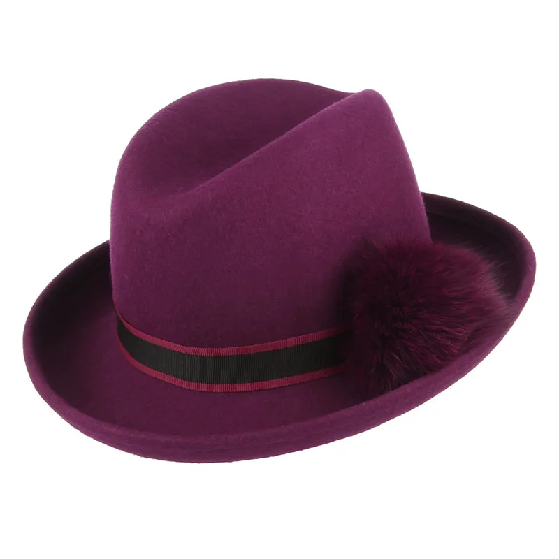 Women Fashion Fedoras Hats Jazz Cap Classical Solid Color Curved Brim Fur Ball Pure Wool Felt