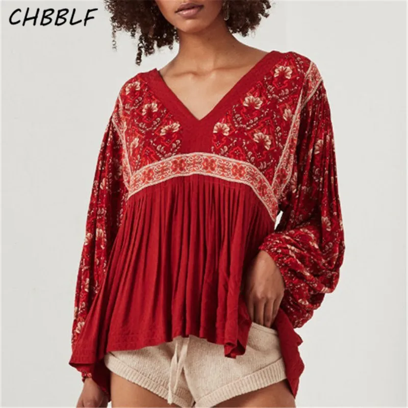 

CHBBLF vintage V neck floral chiffon blouses batwing sleeve shirt lady chic tops blusas DFJ8129