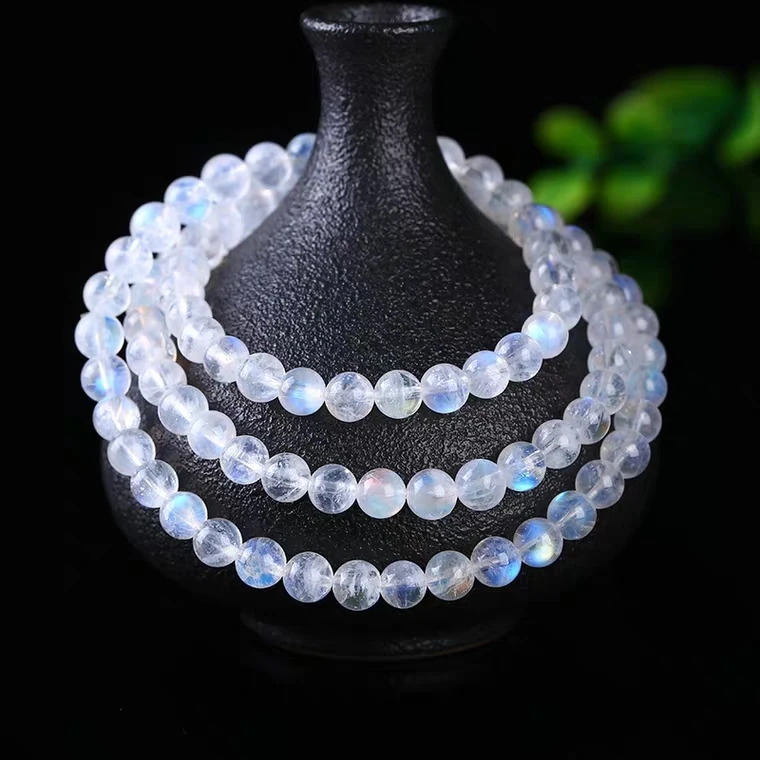 

Genuine Natural Clear Moonstone Crystal 3 Laps Round Beads Women Men Bracelet 6mm Healing Stone Fashion Necklace AAAAA