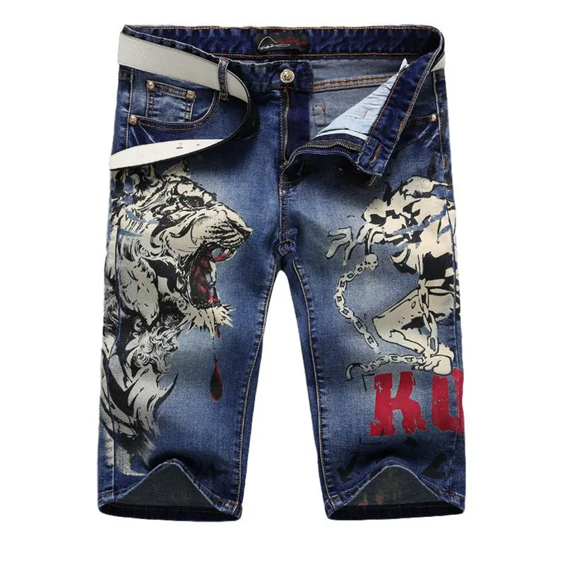 Синий Idopy мужские джинсовые шорты с принтом дизайнерские Homme Slim Fit ночные клубы вечернее крутое эластичные джинсовые шорты с волком для мужчин - Цвет: Синий