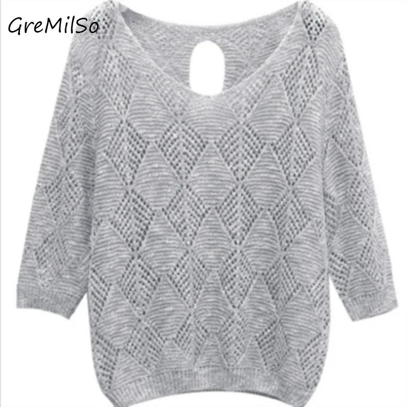 

GreMilSo Korean Style Female Sweater Spring Summer Thin O-Neck 3/4 Sleeve Knit Sweaters Woman Loose Pullover Tee Top
