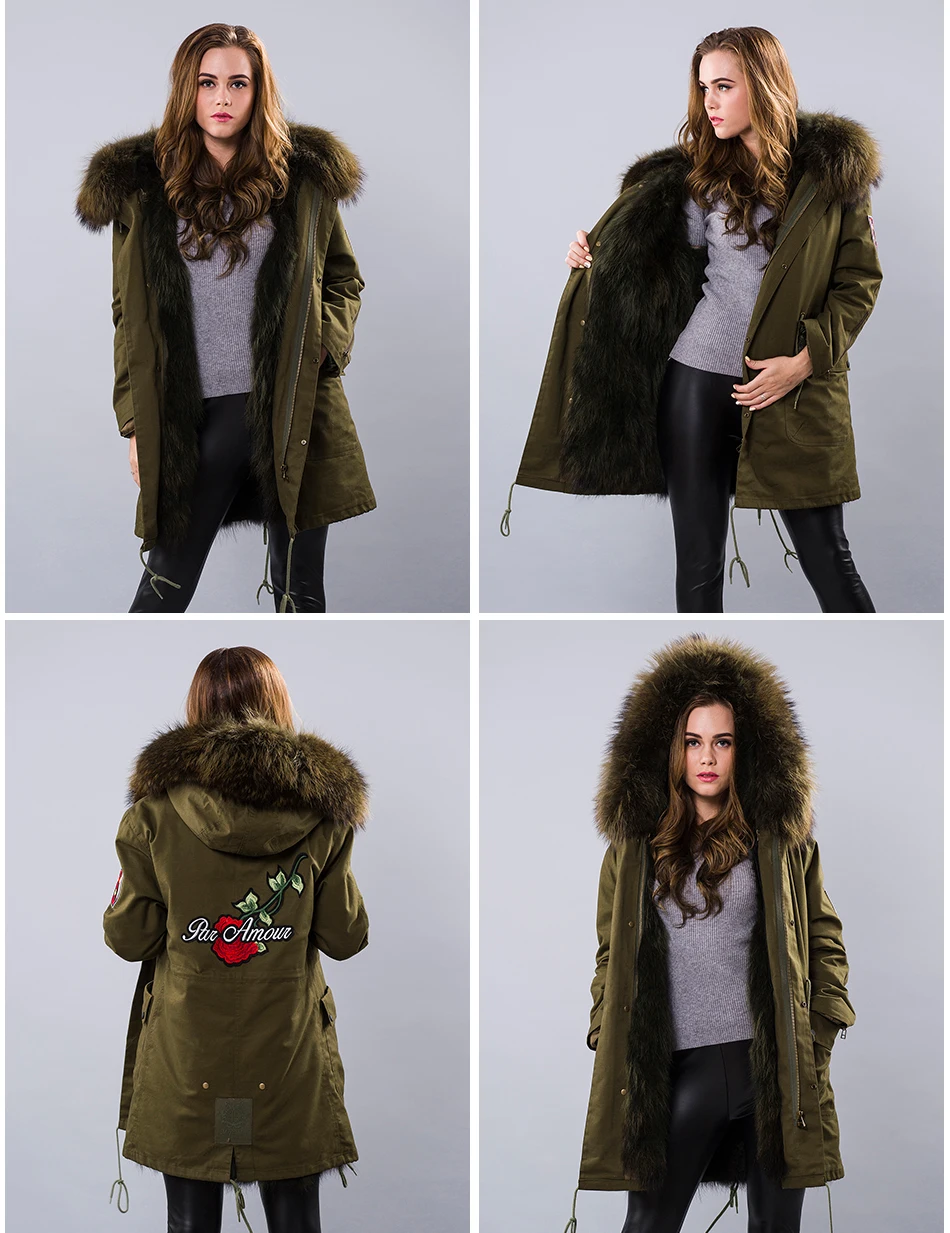 Зимняя куртка Для женщин Армейский зеленый парка Пальто для будущих мам реального большой енота меховой воротник лиса Меховая Подкладка
