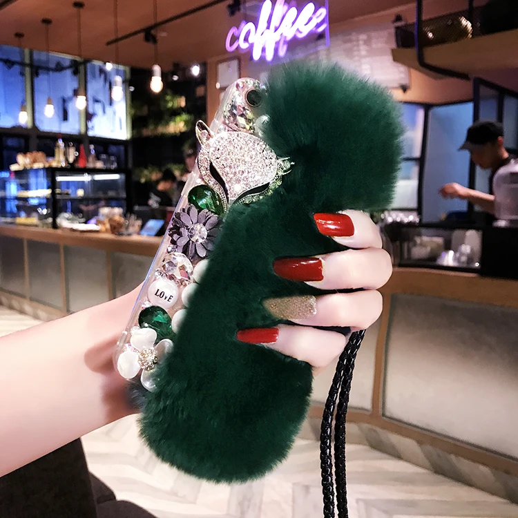 

Luxury Rhinestone Warm Fluffy Rabbit Fur Bling Diamonds Pearl Jewelry Case Cover For iPhone X XS MAX XR 5S 6 6S PLUS 7 8 PLUS