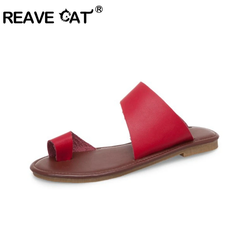 Женские босоножки на плоской подошве REAVE CAT Летние кожаные шлепанцы красного