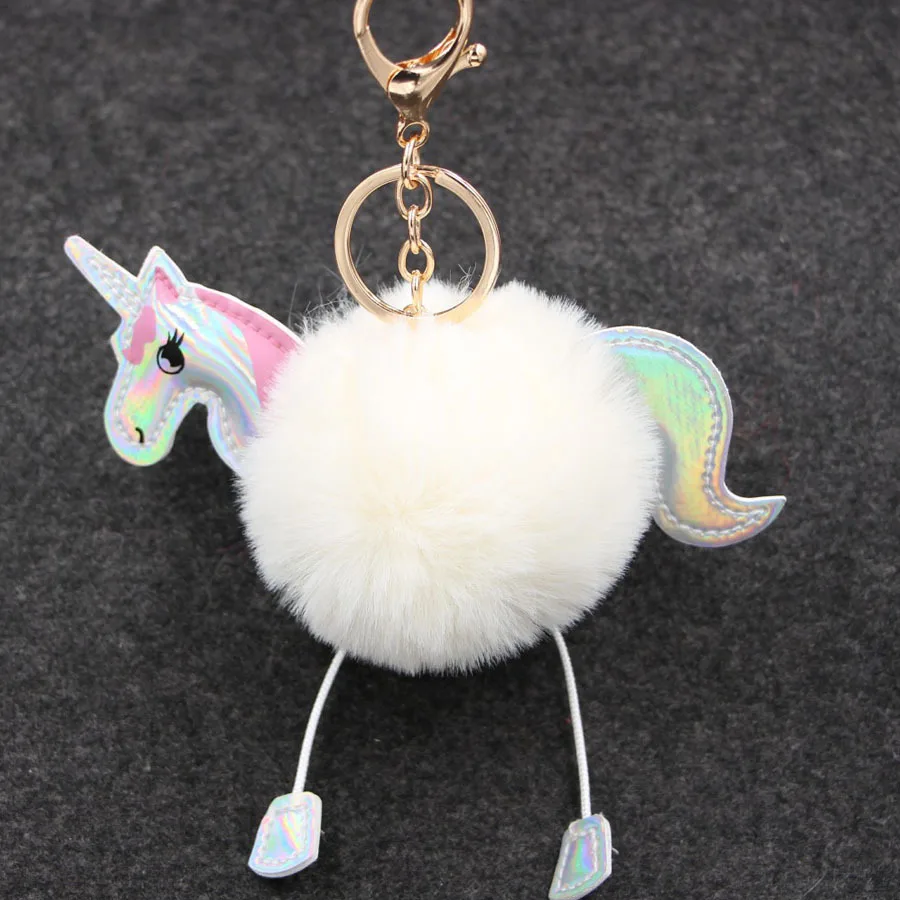 

Cute Fluffy Unicorn Keychain Faux Rabbit Fur Ball Pom Pom Key Chains Bag Charms Trinket Car Key Ring Accessories