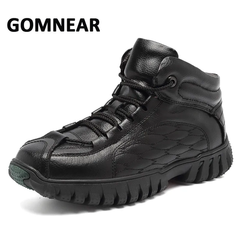 

GOMNEAR 2017 Men's Outdoor Winter Sneakers With Fur Genuine Leather Hiking Shoes Big Size Comfortable Warming Climbing Shoes