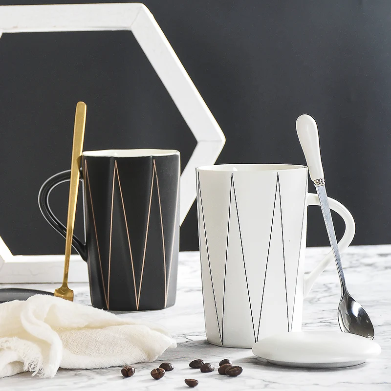 

Nordic personality cup geometry mug creative ceramic drinking cup trend men and women couple coffee cup with lid spoon
