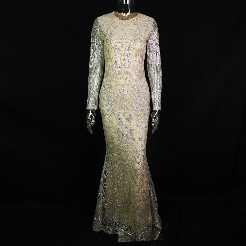 Платье макси с длинными рукавами и блестками; осенне-зимнее Клубное платье с длинными рукавами; вечерние платья с серебряными блестками