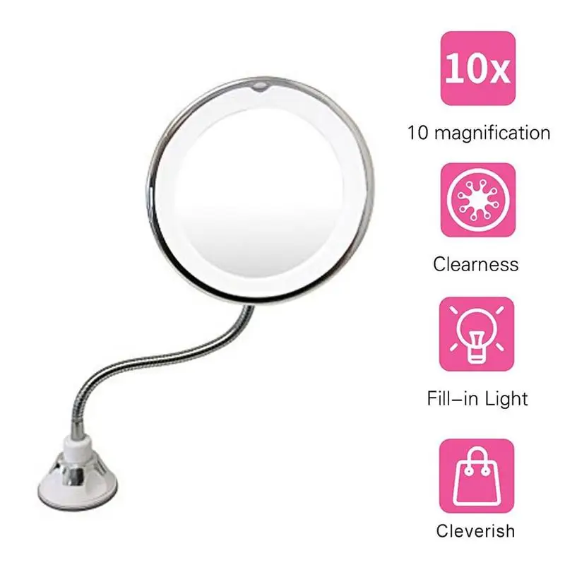 

360 Rotation Flexible Gooseneck 10x Magnifying LED Lighted Bathroom Makeup Shaving Mirror Adjustable Bendable Gooseneck dropship