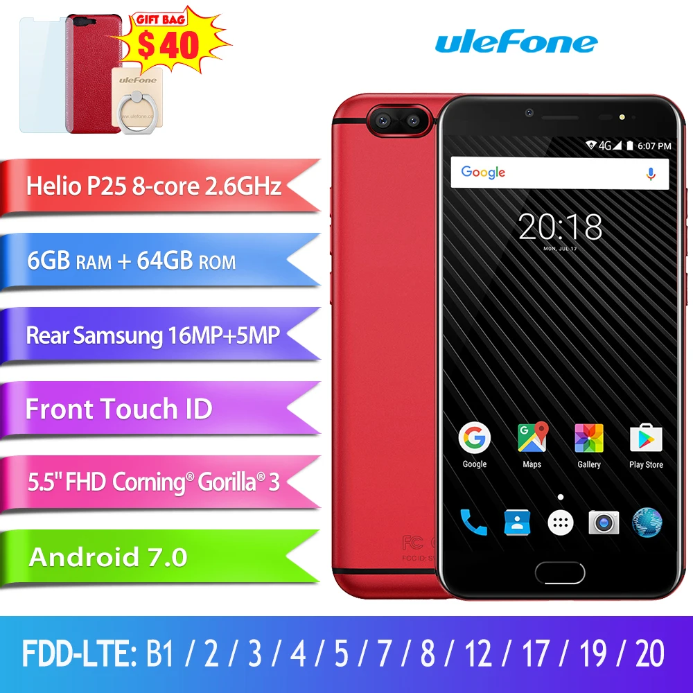 Ulefone T1 Двойная Камера 16MP+5MP Мобильный телефон 5.5 дюймов FHD helio P25 Octa core android 7.0 6 ГБ 64