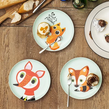 

8 Inch Ceramic Dishes & Plates Bone China Fox Cartoon Character Round Printed In-glazed Decoration Steak Dessert Dish Breakfast