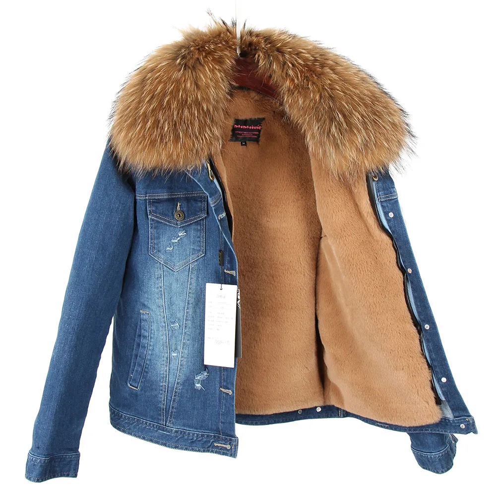 Новая джинсовая куртка с воротником из меха енота, модная зимняя женская куртка, короткая теплая и бархатная подкладка