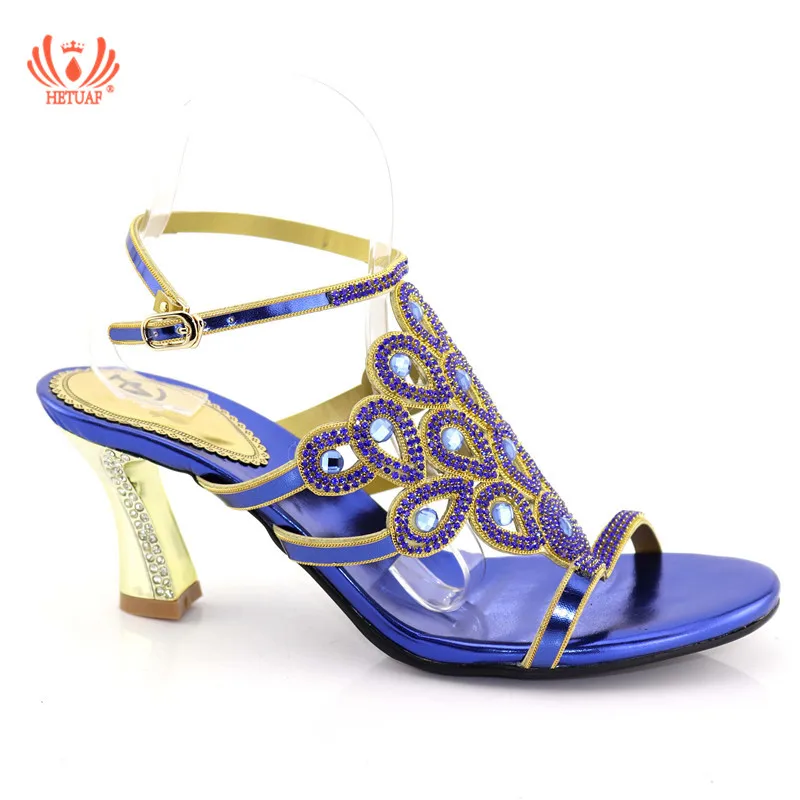 

2019 New Fashion African Woman High Heels Rhinetone Shoes Blue Color Wedding Ladies African Women Party Wedding Shoes Slipper
