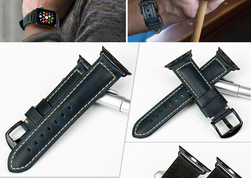 MAIKES для Apple Watch, ремешок 42 мм, 38 мм, 44 мм, 40 мм, серия 4, 3, 2, 1, iWatch, СИНИЙ Масляный воск, кожаный ремешок для Apple Watch, ремешок