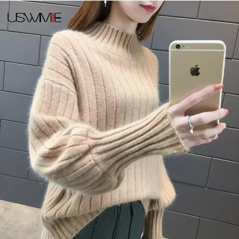 2020 Winter Sweater Women Fashion Simple Lantern Sleeves High Collar Solid Color Knitting Bottom Comfort Joker Pullovers USWMIE | Женская