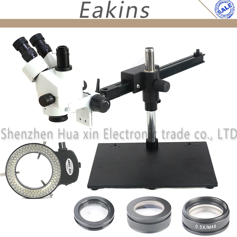 

Guide Rail Guide Trinocular Stereo Microscope Continuous Zoom 7X-45X +144LED Ring Light +1X 2X 0.5X Auxiliary Objective Lens