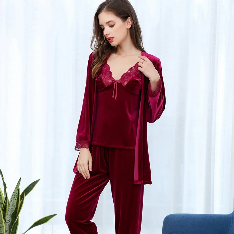 3 pieces Velvet Pajama Sets Ladies top + long Pants + robe Set Women