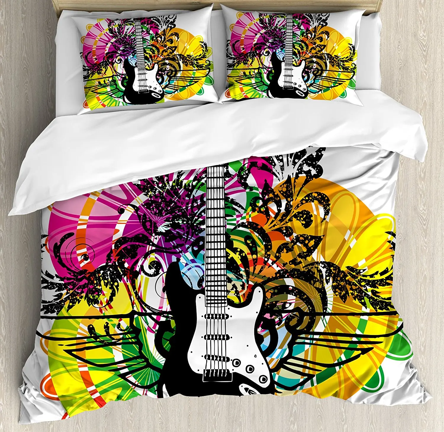 

Popstar Party Duvet Cover Set Abstract Floral Composition with Vibrant Colors Circles and Electric Guitar 4 Piece Bedding Set