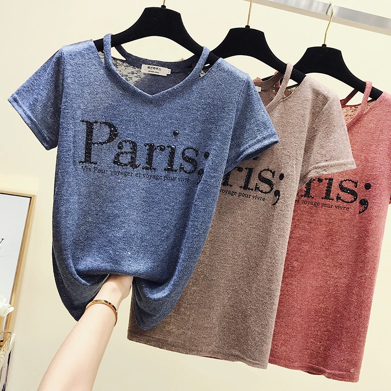 

gkfnmt Summer V Neck Tshirt Women T Shirt 2019 Korean Style Letter Diamonds Women Top Short Sleeve Basic Ropa Mujer Chic Clothes