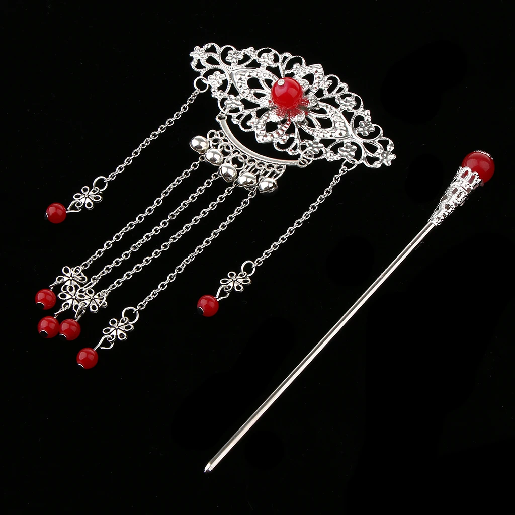 Womens Retro Traditional Chinese Wedding Floral Tassels Bells Hair Stick Chignon Chopsticks Headwear Jewelry