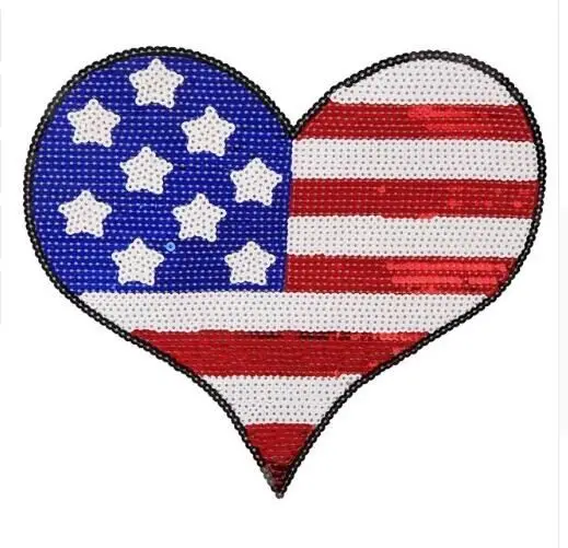 

DZ 2pcs/lot Sequins Hearted Flag Iron on Patches for Clothes Jeans Big Motif Embroidery Applique Heart Sequined Patch Sewing DIY