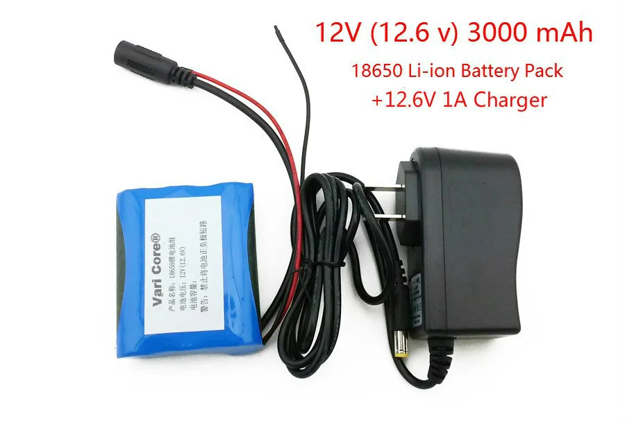 

12 V 18650 3000 mAh lithium-ion battery for CCTV cameras 12.6V 3 ahand 12.6V 1A battery charger