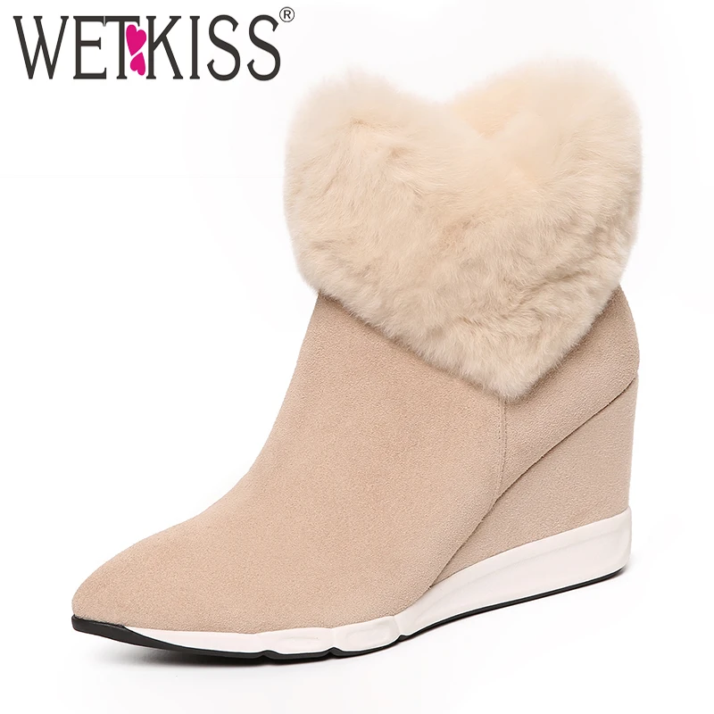 

WETKISS Kid Suede Women Ankle Boots Pointed Toe Footwear High Heels Fur Female Boot Wedges Platform Fur Snow Shoes Woman Winter